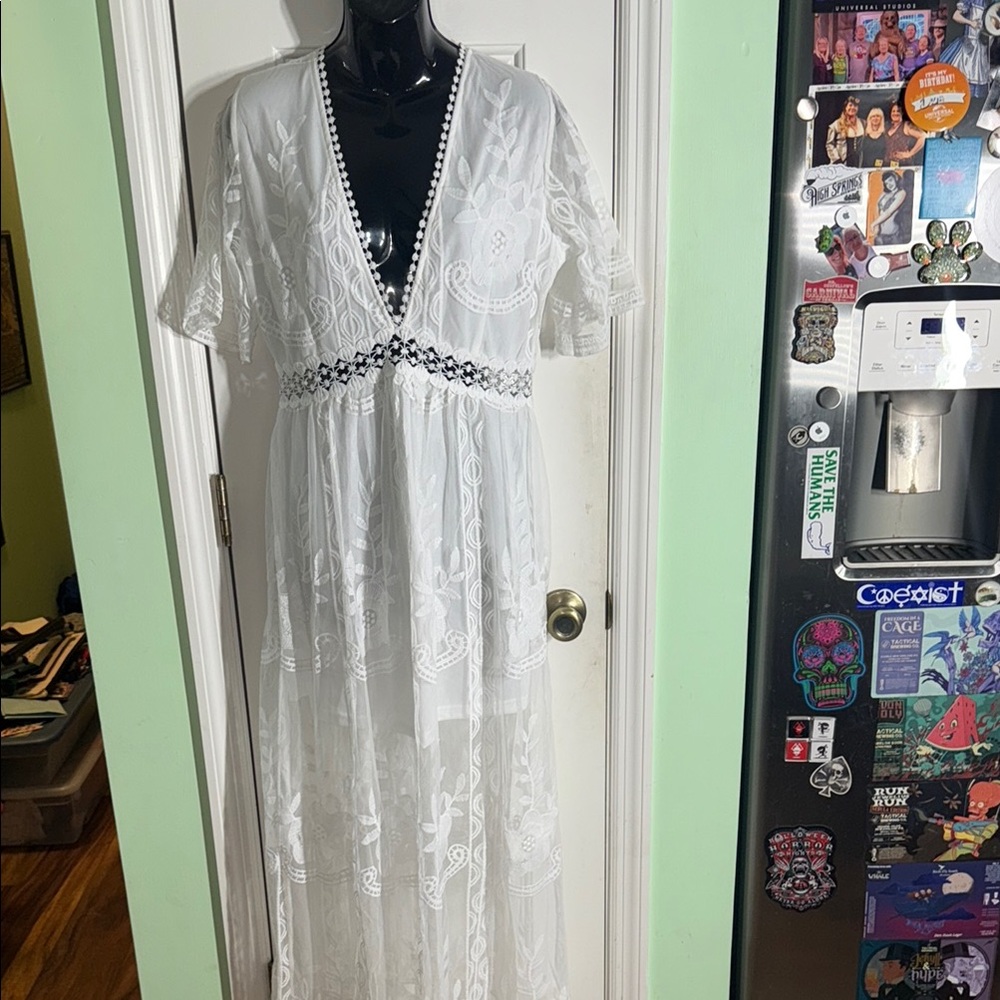 Casual Boho Floral Lace V-Neck Dress Embroidery Maxi Dress Beach Wedding Size M